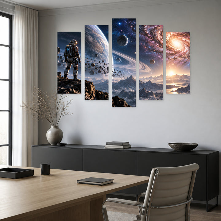 Galactic Space Adventure with Geometric Rhythm — five-panel wall art in frontal interior | 5wallart 57902 M3