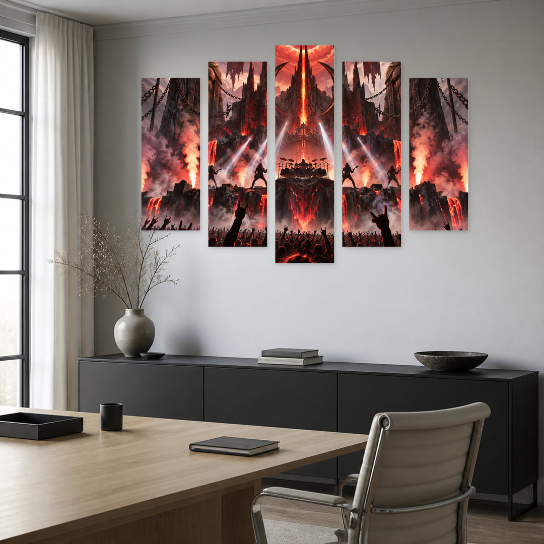 Metallica with Geometric Rhythm — five-panel wall art in alternate frontal interior | 5wallart 57903 M4