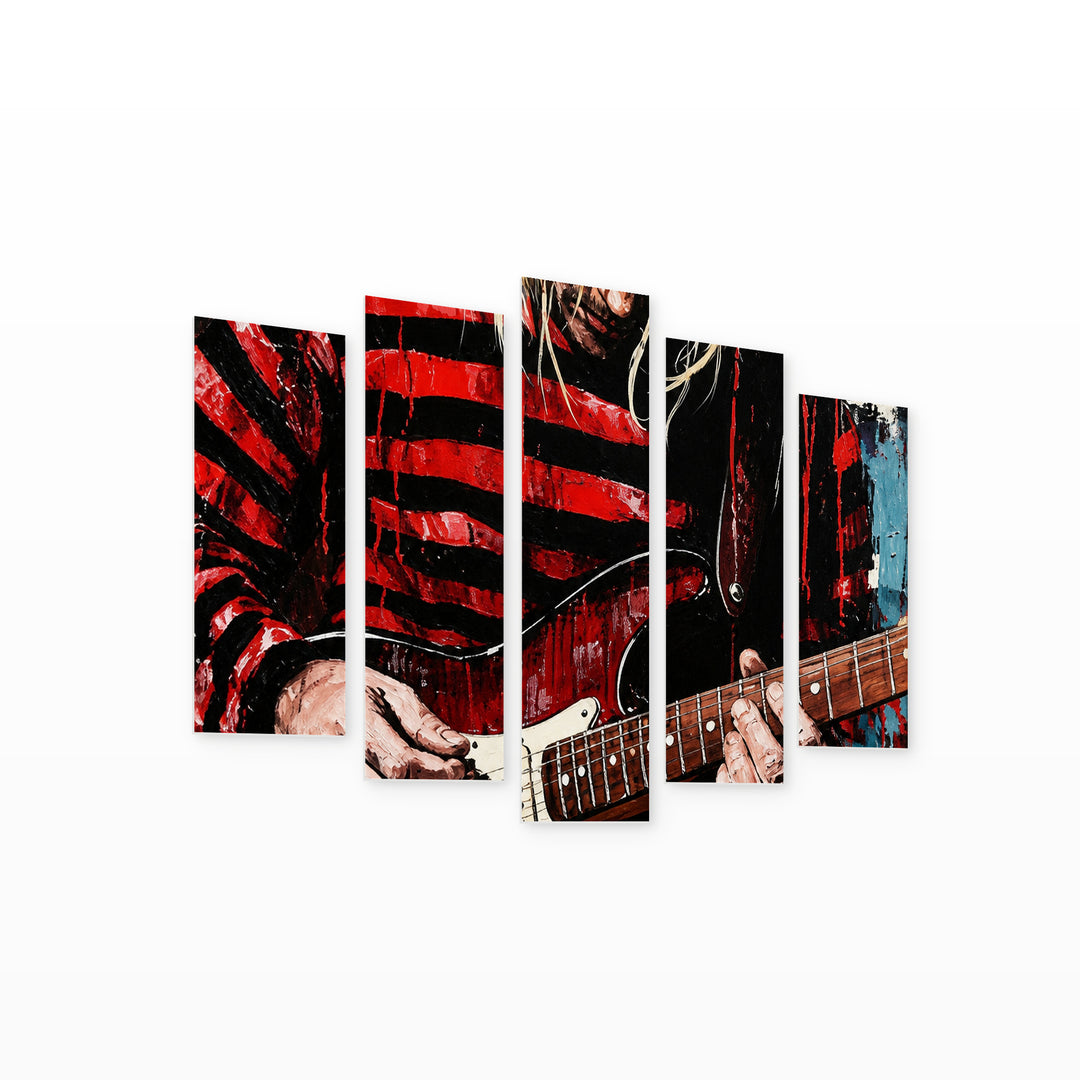 Kurt Cobain with Geometric Rhythm — five-panel wall art on white background in perspective | 5wallart 57904 M1