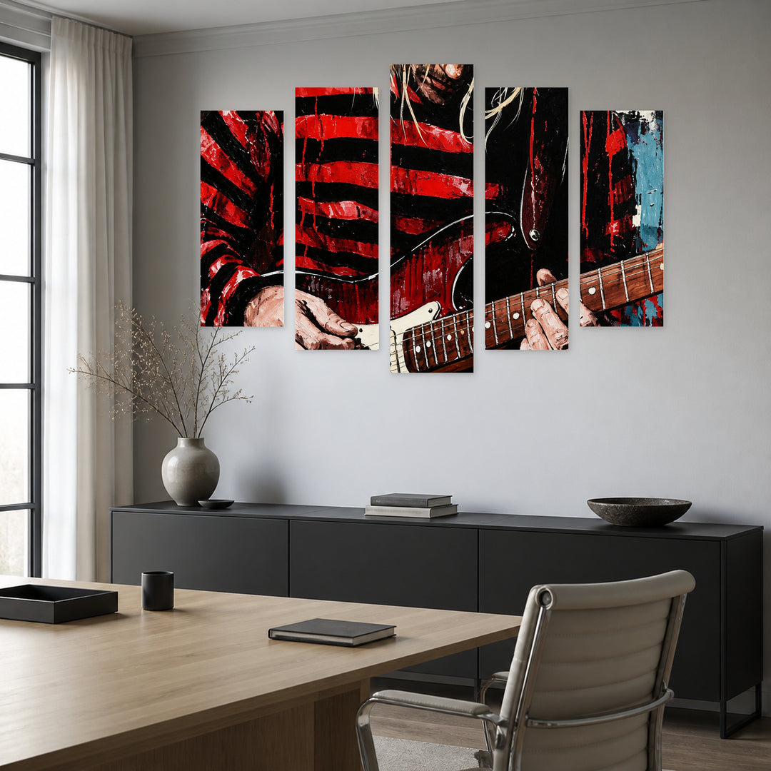 Kurt Cobain with Geometric Rhythm — five-panel wall art in frontal interior | 5wallart 57904 M3
