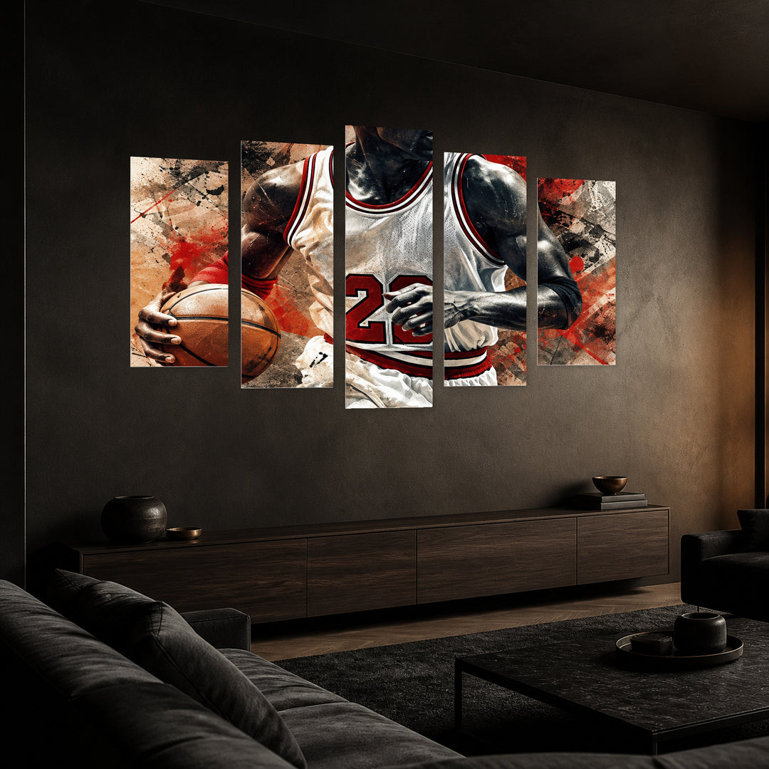 Michael Jordan with Geometric Rhythm — five-panel wall art in perspective interior | 5wallart 57909 M2