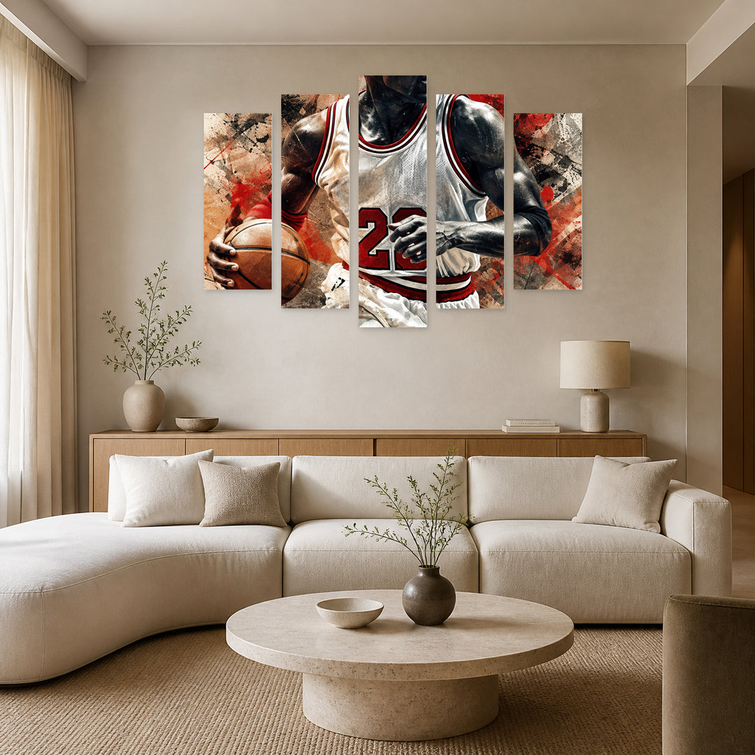 Michael Jordan with Geometric Rhythm — five-panel wall art in frontal interior | 5wallart 57909 M3