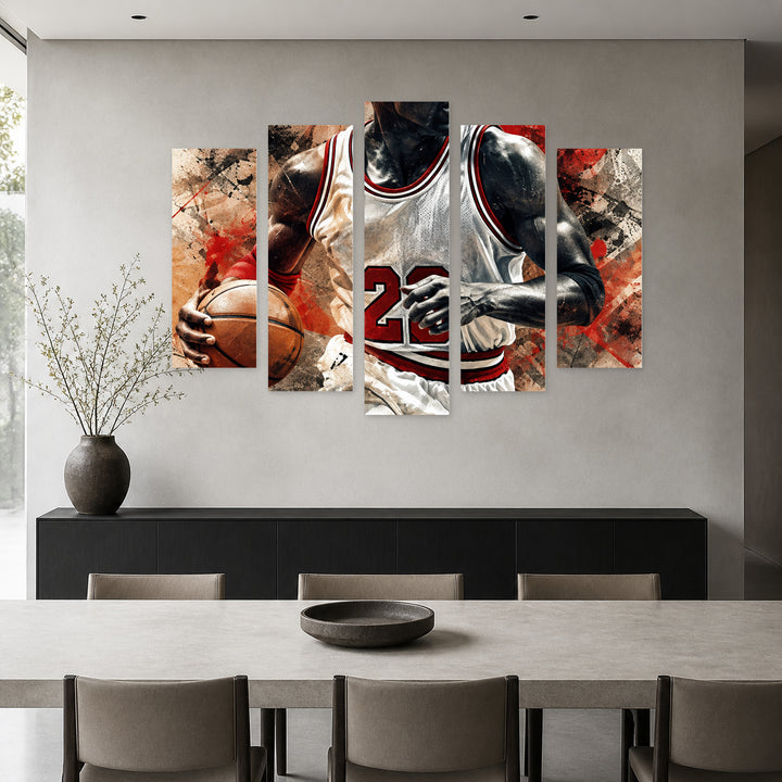 Michael Jordan with Geometric Rhythm — five-panel wall art in alternate frontal interior | 5wallart 57909 M4
