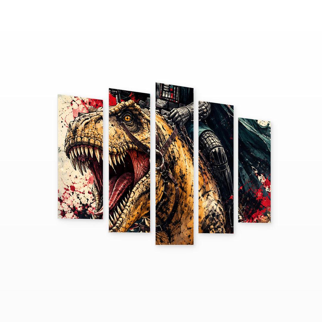 Darth Vader Riding a T-rex in Serene Light — five-panel wall art on white background in perspective | 5wallart 57912 M1