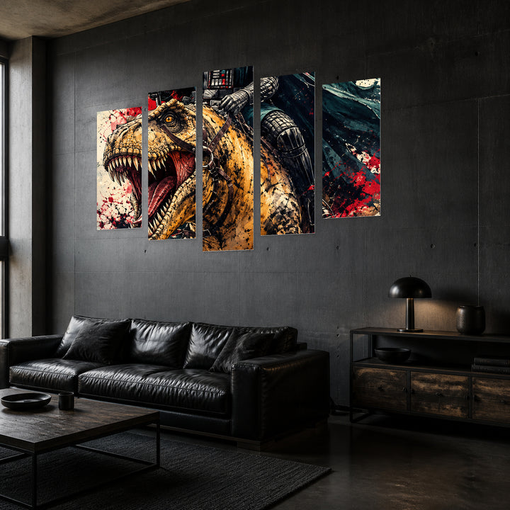 Darth Vader Riding a T-rex in Serene Light — five-panel wall art in perspective interior | 5wallart 57912 M2