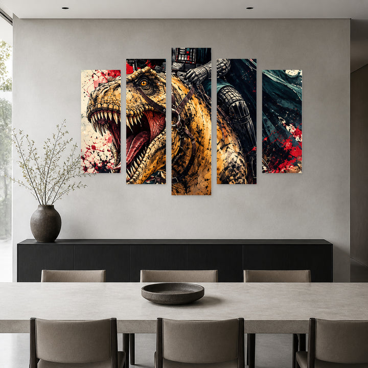 Darth Vader Riding a T-rex in Serene Light — five-panel wall art in frontal interior | 5wallart 57912 M3
