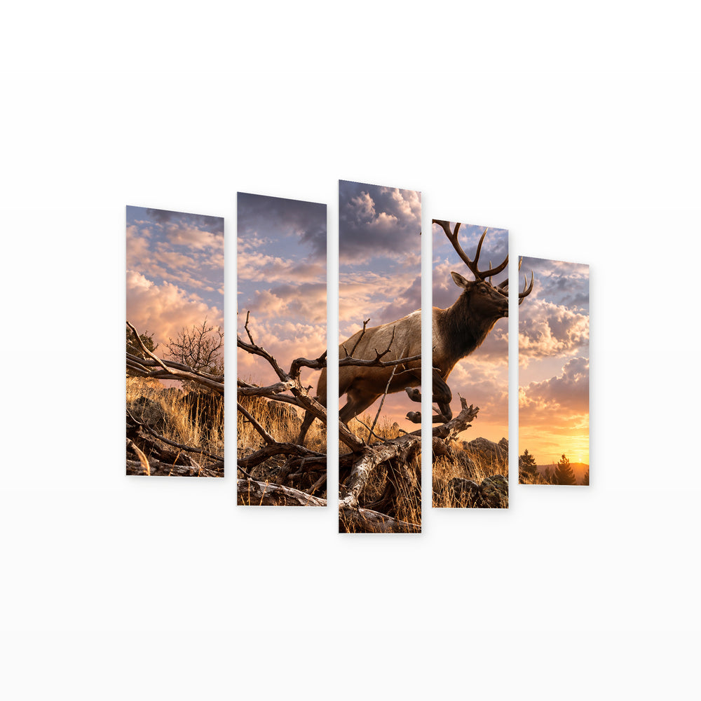 Wall Decoration - Deer in Mid-jump Wildlife Portrait — five-panel wall art on white background in perspective | 5wallart 58020 M1