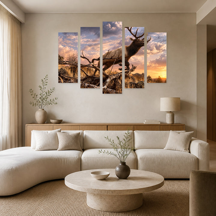 Wall Decoration - Deer in Mid-jump Wildlife Portrait — five-panel wall art in alternate frontal interior | 5wallart 58020 M4