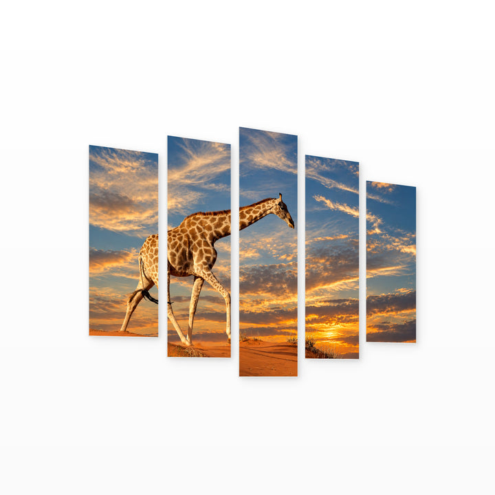 Giraffe on a Sand Dune with Geometric Rhythm — five-panel wall art on white background in perspective | 5wallart 58022 M1