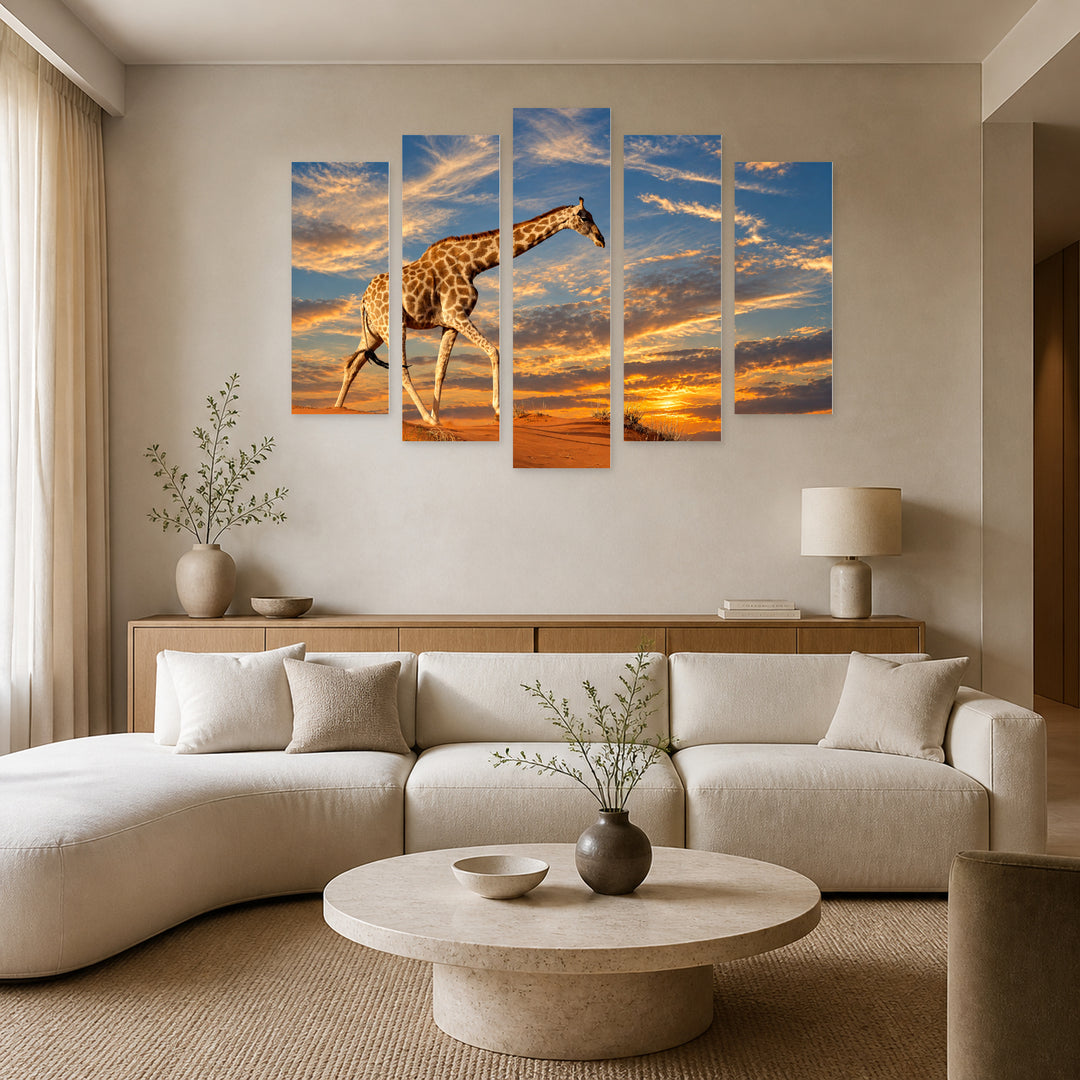 Giraffe on a Sand Dune with Geometric Rhythm — five-panel wall art in alternate frontal interior | 5wallart 58022 M4