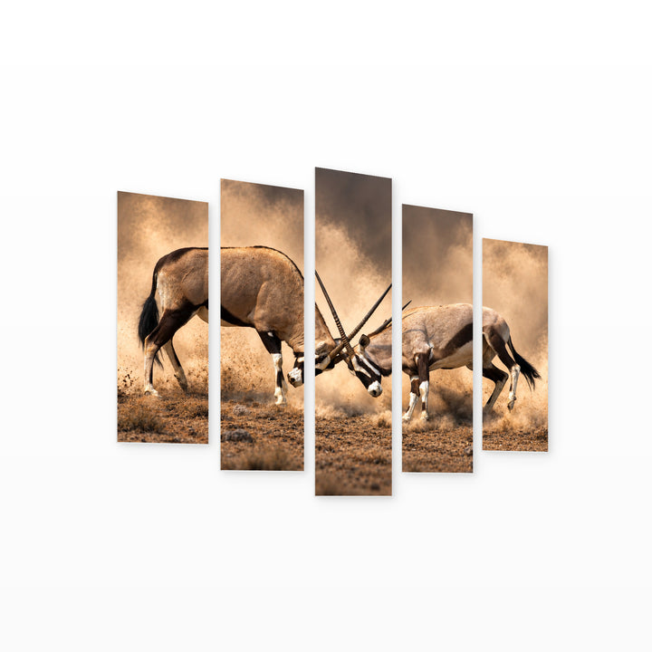 Battle of the Wildebeest Antelope with Dramatic Contrast — five-panel wall art on white background in perspective | 5wallart 58026 M1