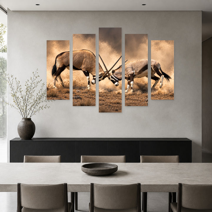 Battle of the Wildebeest Antelope with Dramatic Contrast — five-panel wall art in frontal interior | 5wallart 58026 M3