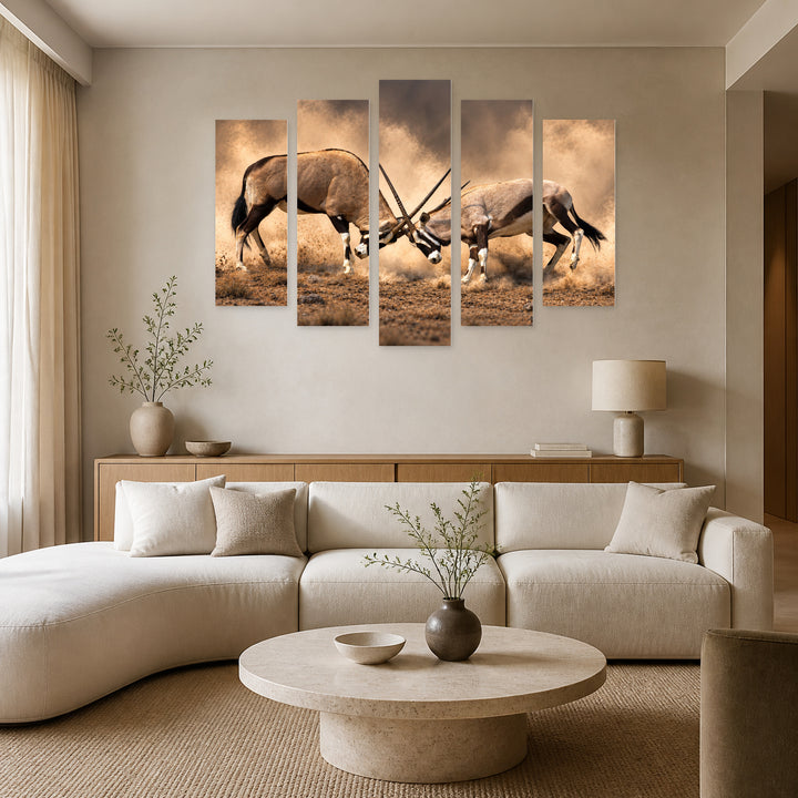 Battle of the Wildebeest Antelope with Dramatic Contrast — five-panel wall art in alternate frontal interior | 5wallart 58026 M4