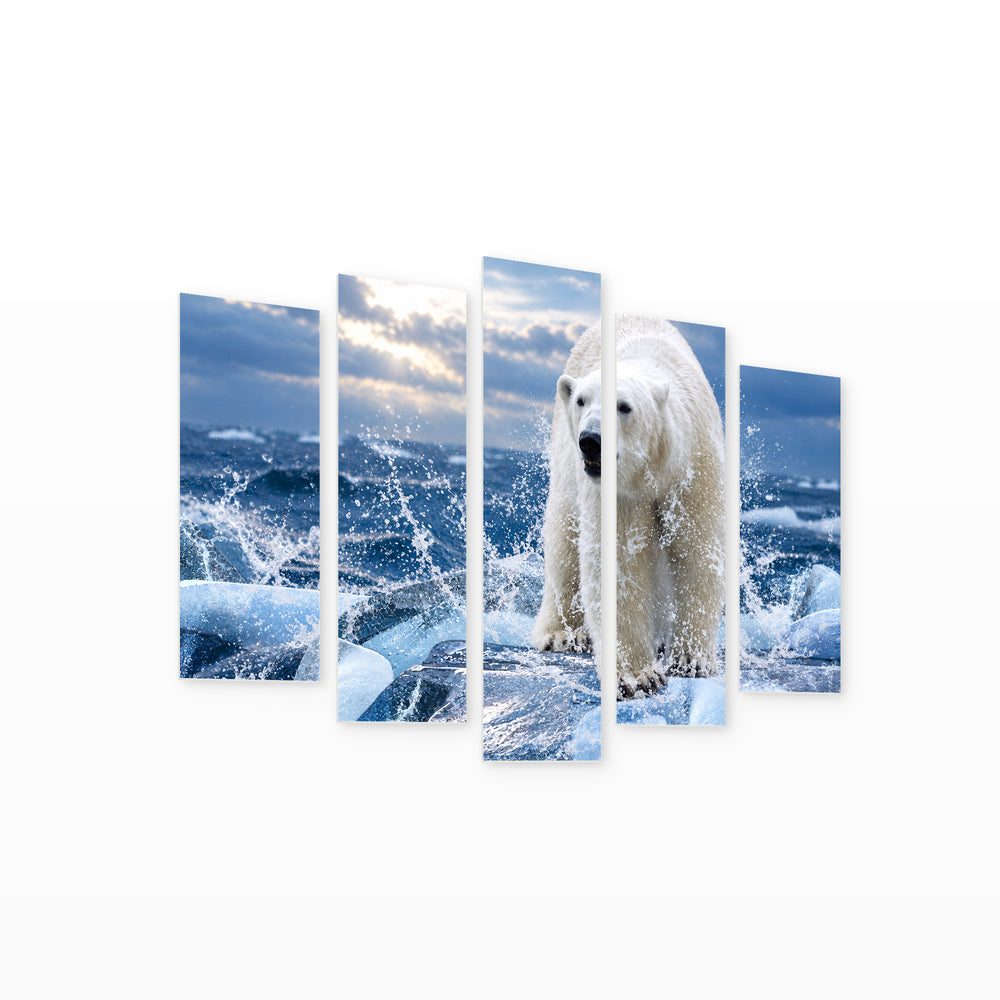 Polar Bear in the Sea in Winter — five-panel wall art on white background in perspective | 5wallart 58027 M1