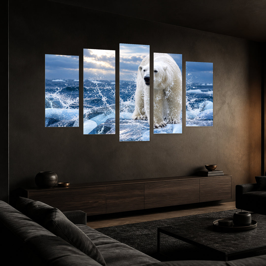 Polar Bear in the Sea in Winter — five-panel wall art in perspective interior | 5wallart 58027 M2