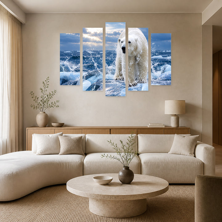 Polar Bear in the Sea in Winter — five-panel wall art in frontal interior | 5wallart 58027 M3