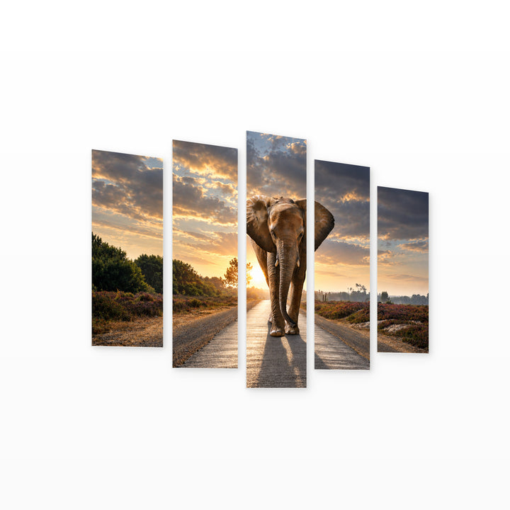 Elephant on the Road with Dreamlike Atmosphere — five-panel wall art on white background in perspective | 5wallart 58028 M1