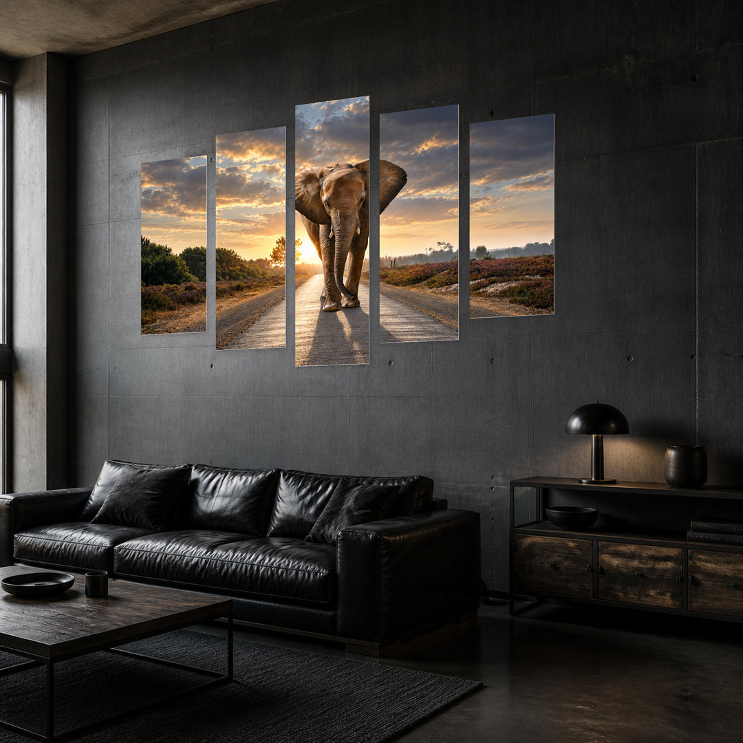 Elephant on the Road with Dreamlike Atmosphere — five-panel wall art in perspective interior | 5wallart 58028 M2