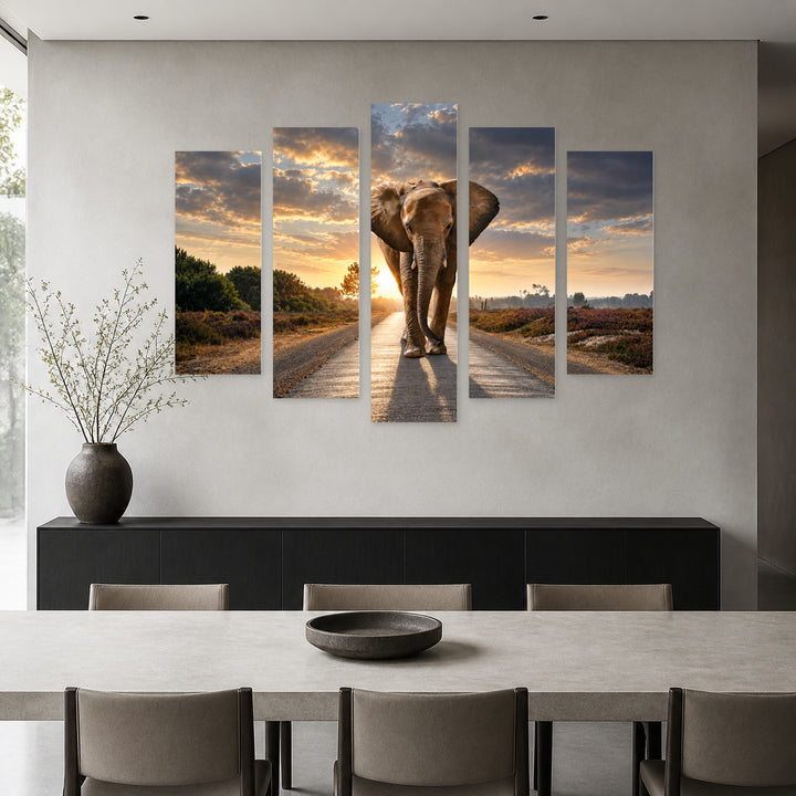 Elephant on the Road with Dreamlike Atmosphere — five-panel wall art in frontal interior | 5wallart 58028 M3