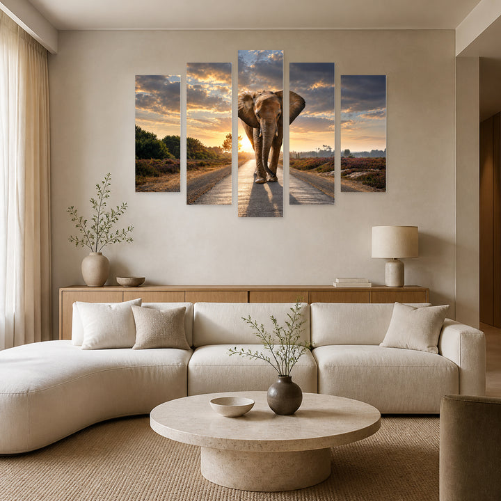 Elephant on the Road with Dreamlike Atmosphere — five-panel wall art in alternate frontal interior | 5wallart 58028 M4