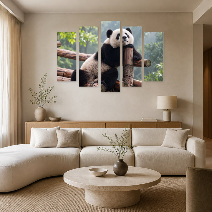 Posing Panda in Black and White — five-panel wall art in alternate frontal interior | 5wallart 58030 M4