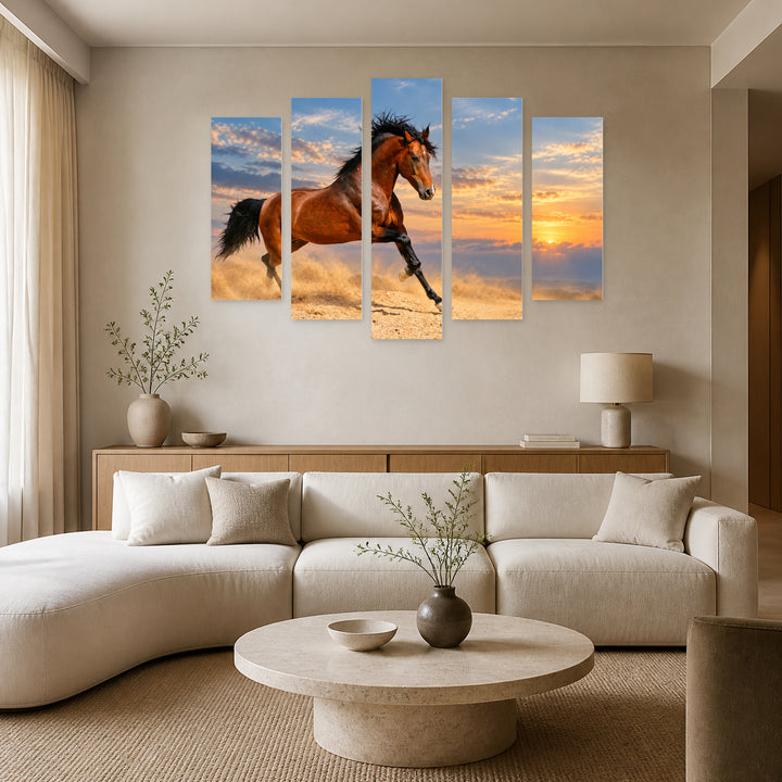Sand Horse with Dreamlike Atmosphere — five-panel wall art in alternate frontal interior | 5wallart 58032 M4