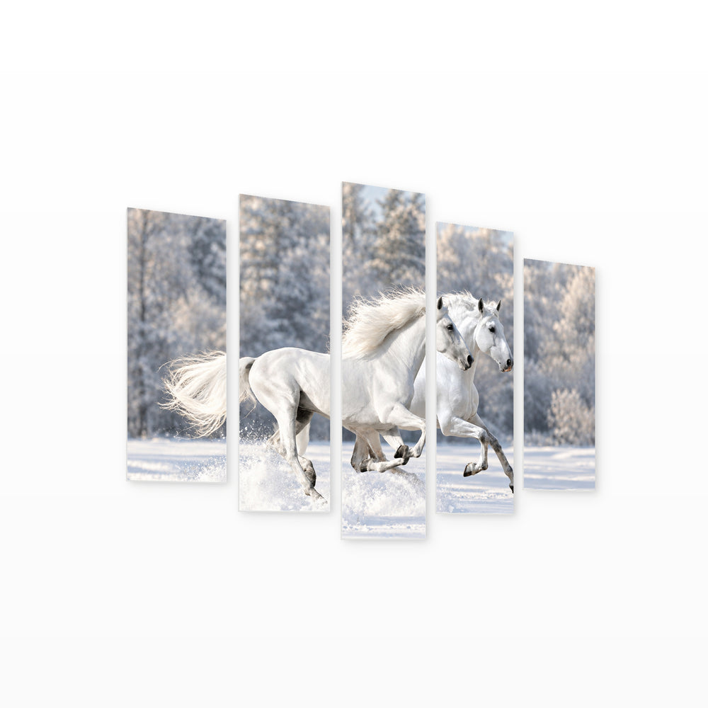White Horses in Serene Light II — five-panel wall art on white background in perspective | 5wallart 58036 M1