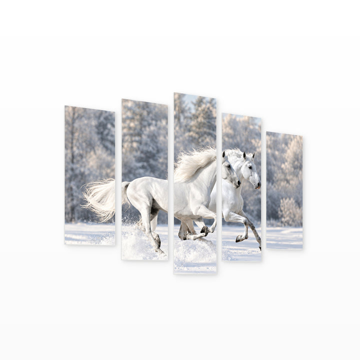 White Horses in Serene Light II — five-panel wall art on white background in perspective | 5wallart 58036 M1