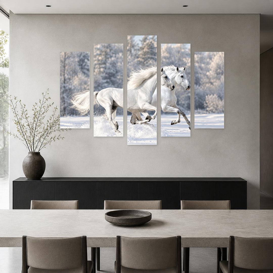 White Horses in Serene Light II — five-panel wall art in frontal interior | 5wallart 58036 M3