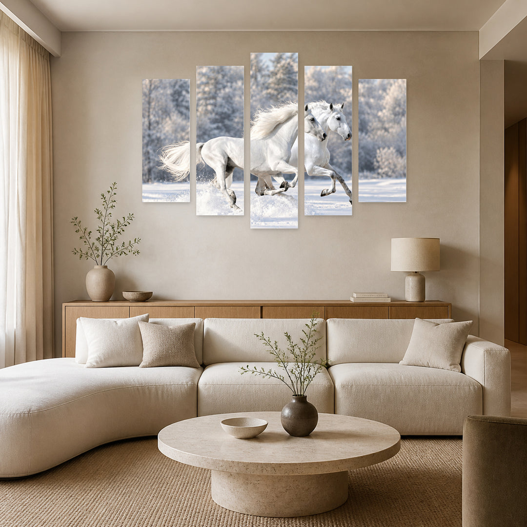 White Horses in Serene Light II — five-panel wall art in alternate frontal interior | 5wallart 58036 M4