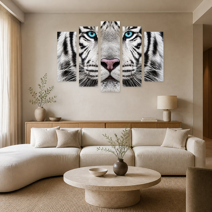 Siberian Tiger 2 in Serene Light — five-panel wall art in alternate frontal interior | 5wallart 58038 M4