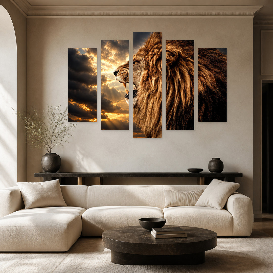 Power of the King with Dramatic Contrast — five-panel wall art in frontal interior | 5wallart 58039 M3