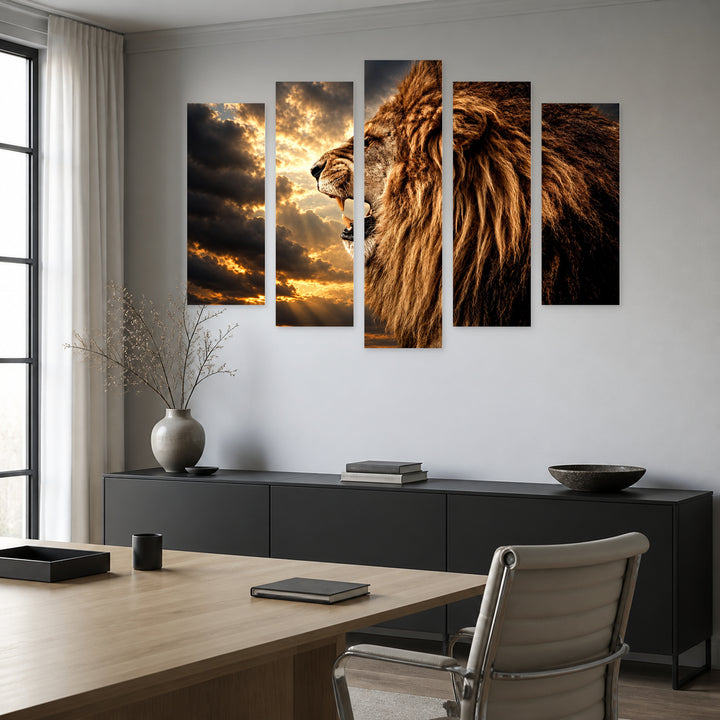 Power of the King with Dramatic Contrast — five-panel wall art in alternate frontal interior | 5wallart 58039 M4