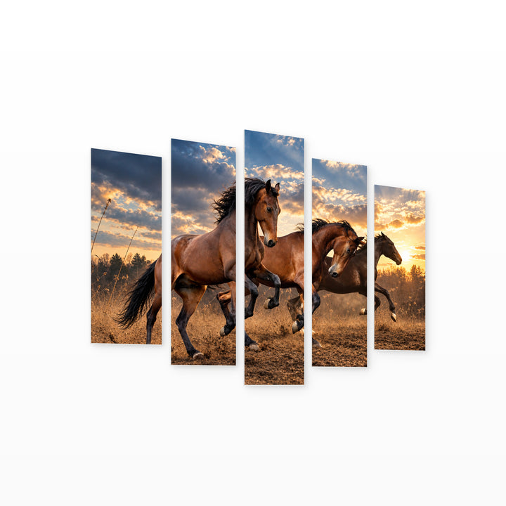 Running Horses with Dramatic Contrast — five-panel wall art on white background in perspective | 5wallart 58045 M1