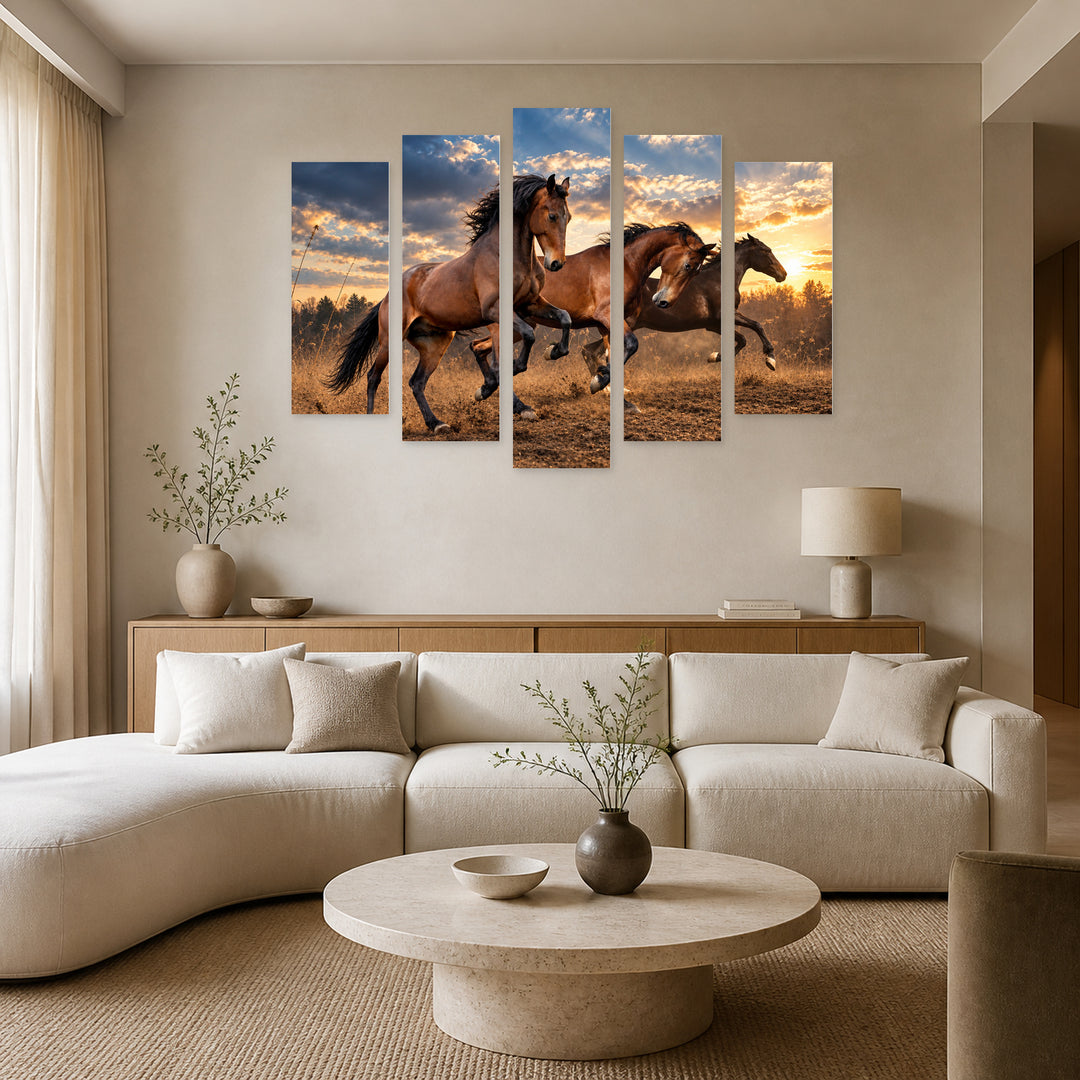 Running Horses with Dramatic Contrast — five-panel wall art in frontal interior | 5wallart 58045 M3