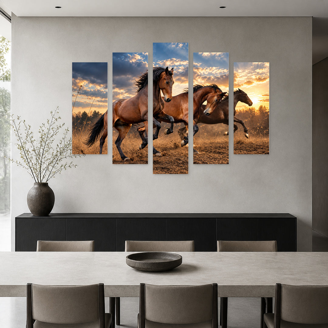 Running Horses with Dramatic Contrast — five-panel wall art in alternate frontal interior | 5wallart 58045 M4