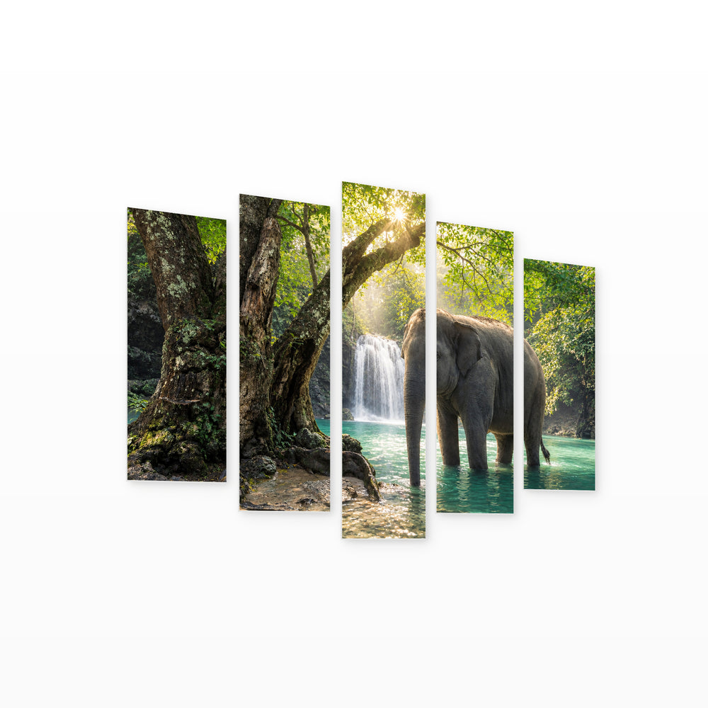 Elephant in a Lake in Serene Light — five-panel wall art on white background in perspective | 5wallart 58049 M1
