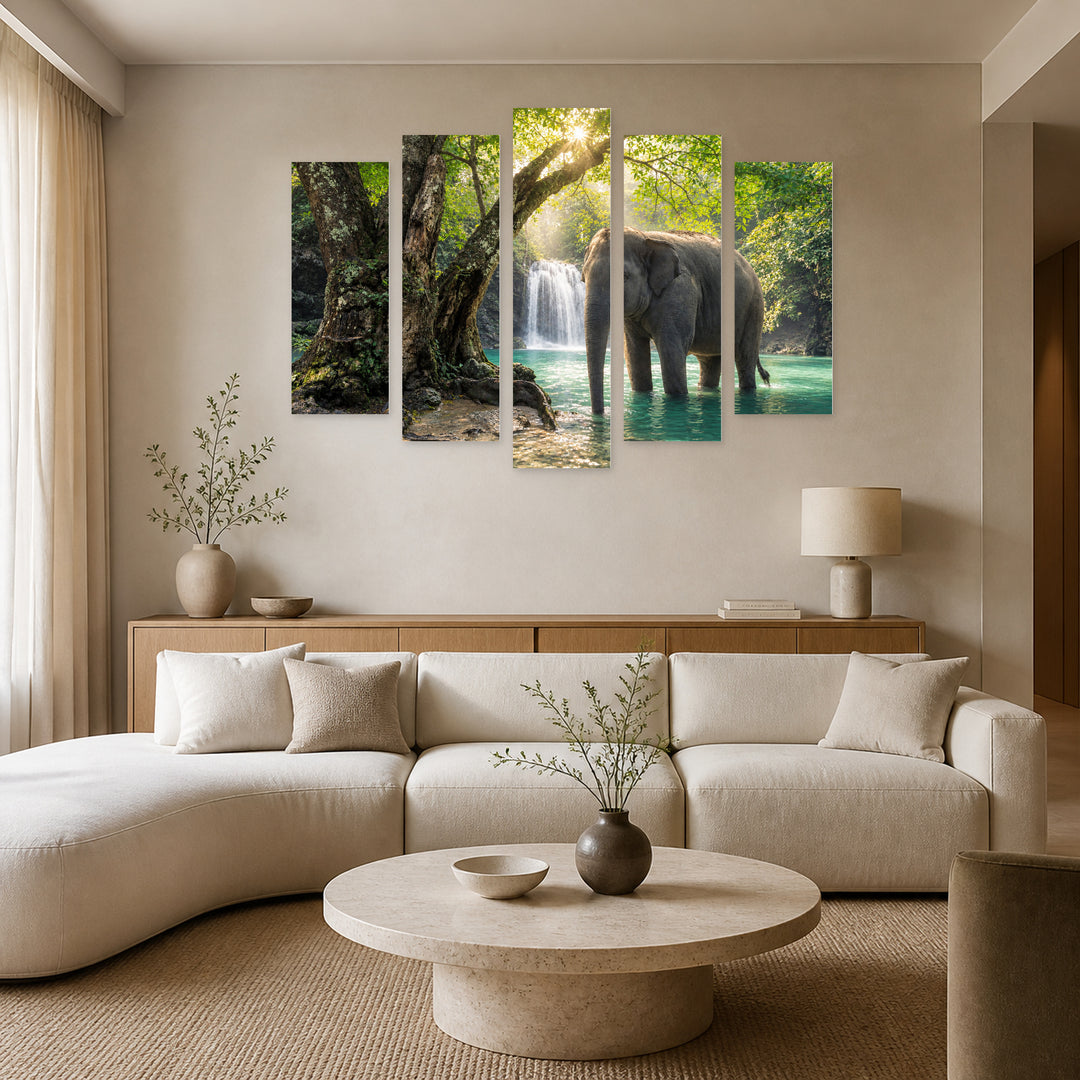 Elephant in a Lake in Serene Light — five-panel wall art in frontal interior | 5wallart 58049 M3