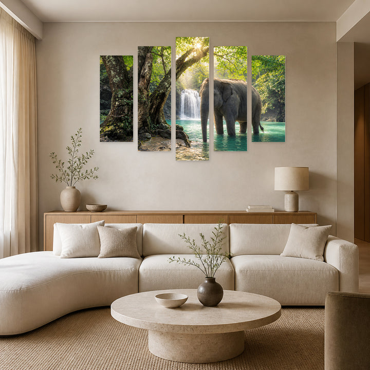Elephant in a Lake in Serene Light — five-panel wall art in frontal interior | 5wallart 58049 M3