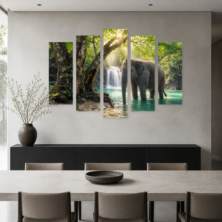Elephant in a Lake in Serene Light — five-panel wall art in alternate frontal interior | 5wallart 58049 M4
