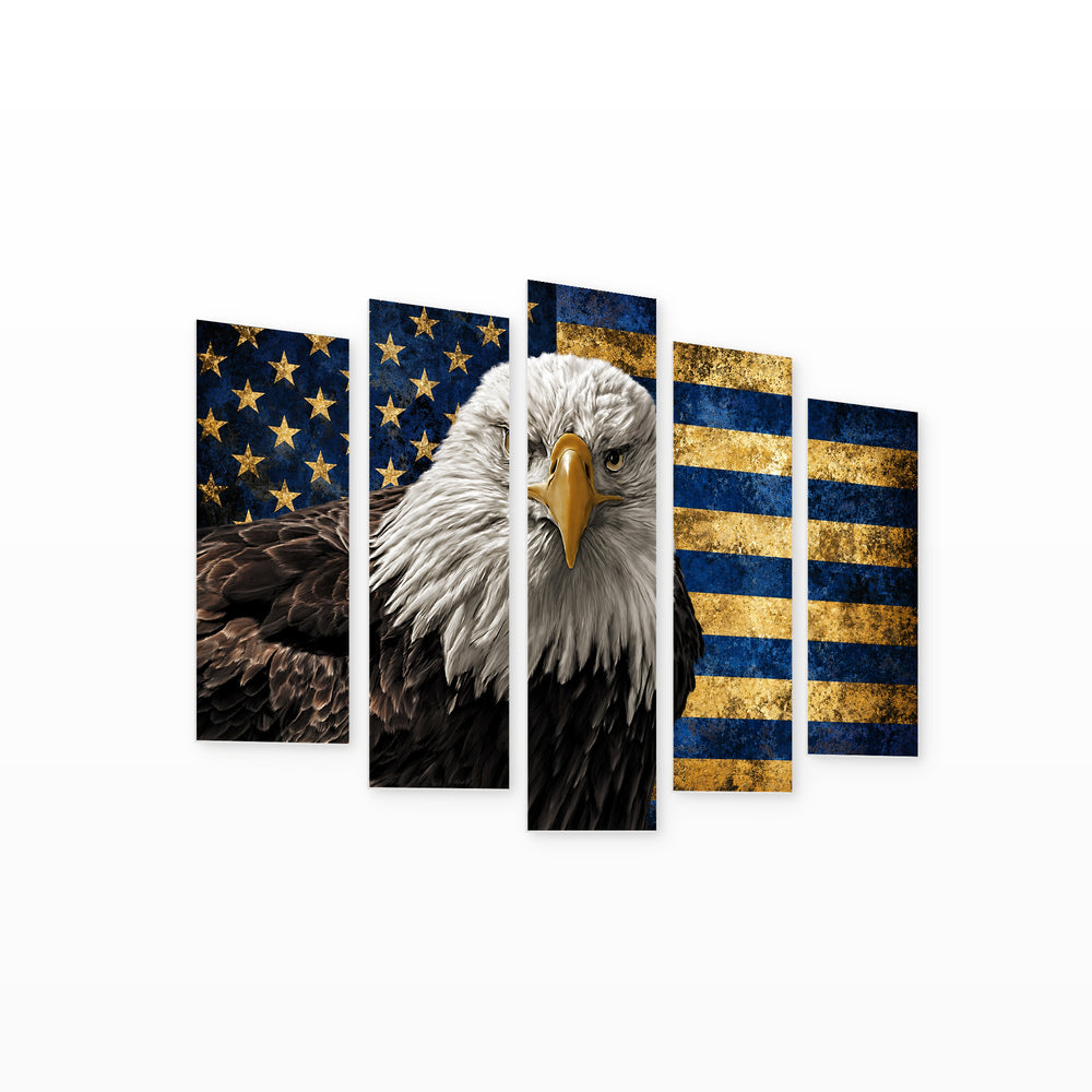 American Eagle in Blue and Gold — five-panel wall art on white background in perspective | 5wallart 58052 M1