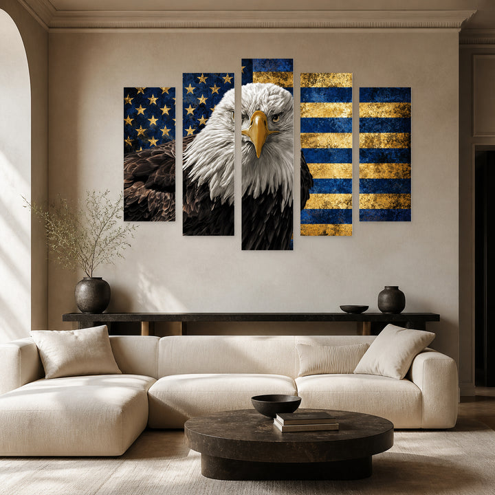 American Eagle in Blue and Gold — five-panel wall art in alternate frontal interior | 5wallart 58052 M4
