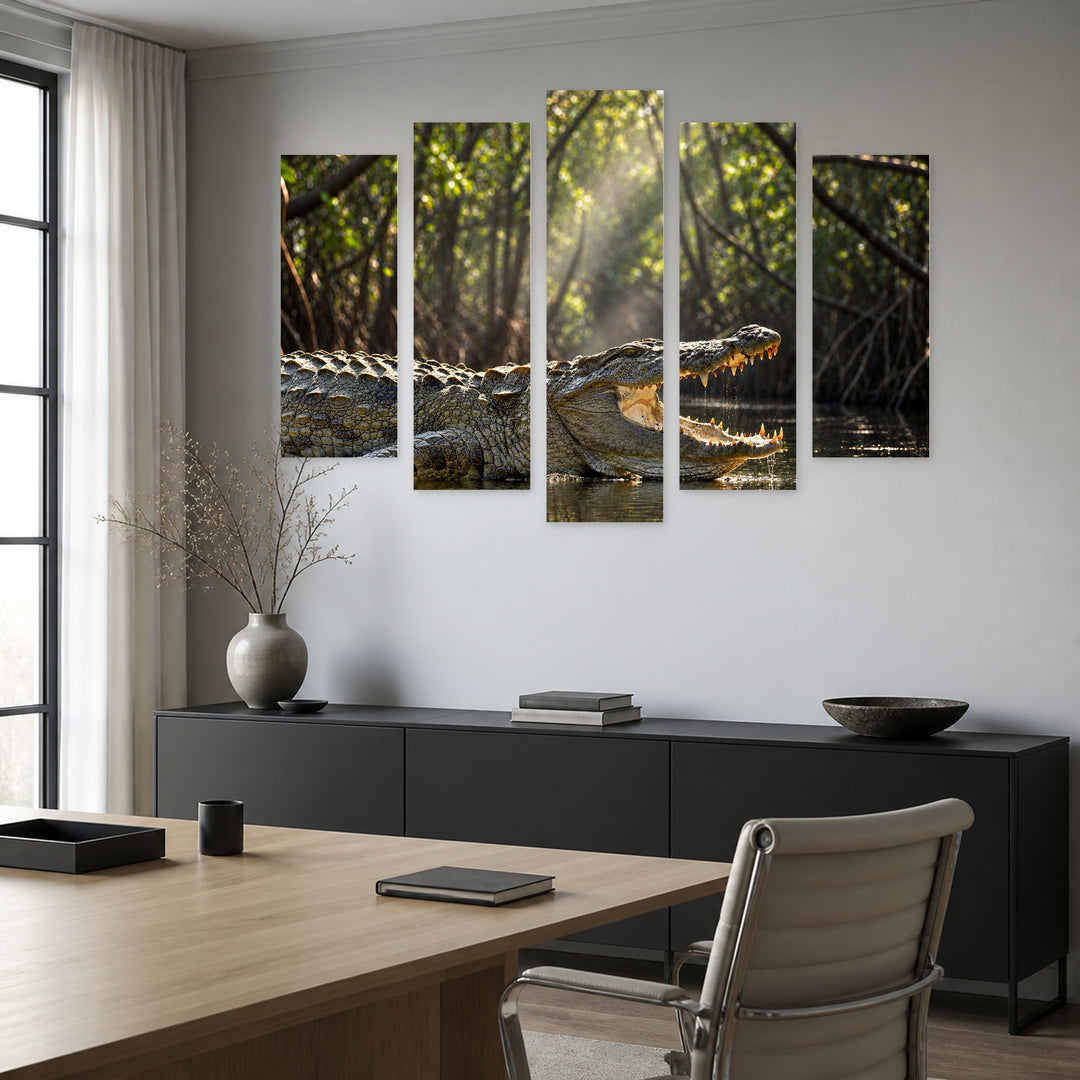 Crocodile with Dramatic Contrast — five-panel wall art in alternate frontal interior | 5wallart 58053 M4