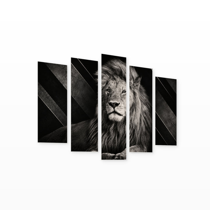 Lion Art with Geometric Rhythm — five-panel wall art on white background in perspective | 5wallart 58054 M1