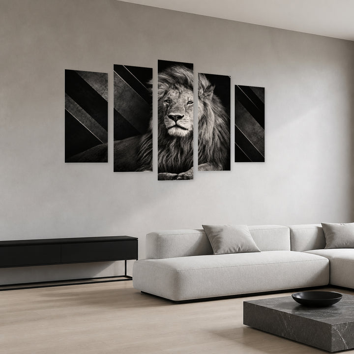 Lion Art with Geometric Rhythm — five-panel wall art in perspective interior | 5wallart 58054 M2