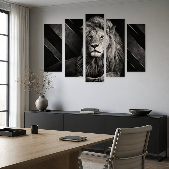 Lion Art with Geometric Rhythm — five-panel wall art in frontal interior | 5wallart 58054 M3