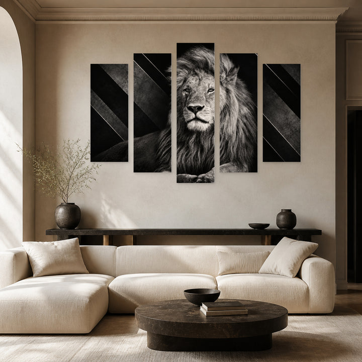 Lion Art with Geometric Rhythm — five-panel wall art in alternate frontal interior | 5wallart 58054 M4