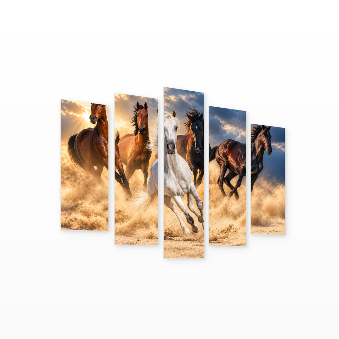 Galloping Horses in Vivid Color — five-panel wall art on white background in perspective | 5wallart 58059 M1