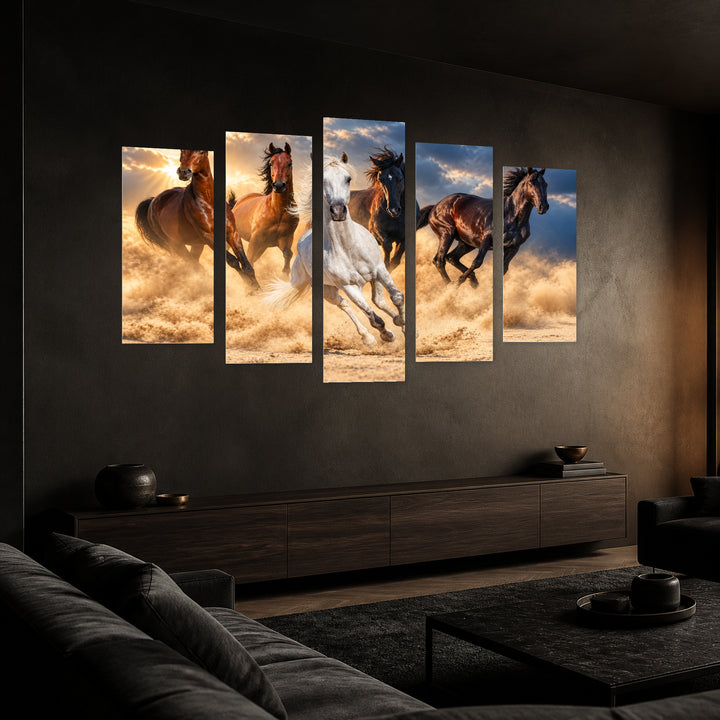 Galloping Horses in Vivid Color — five-panel wall art in perspective interior | 5wallart 58059 M2