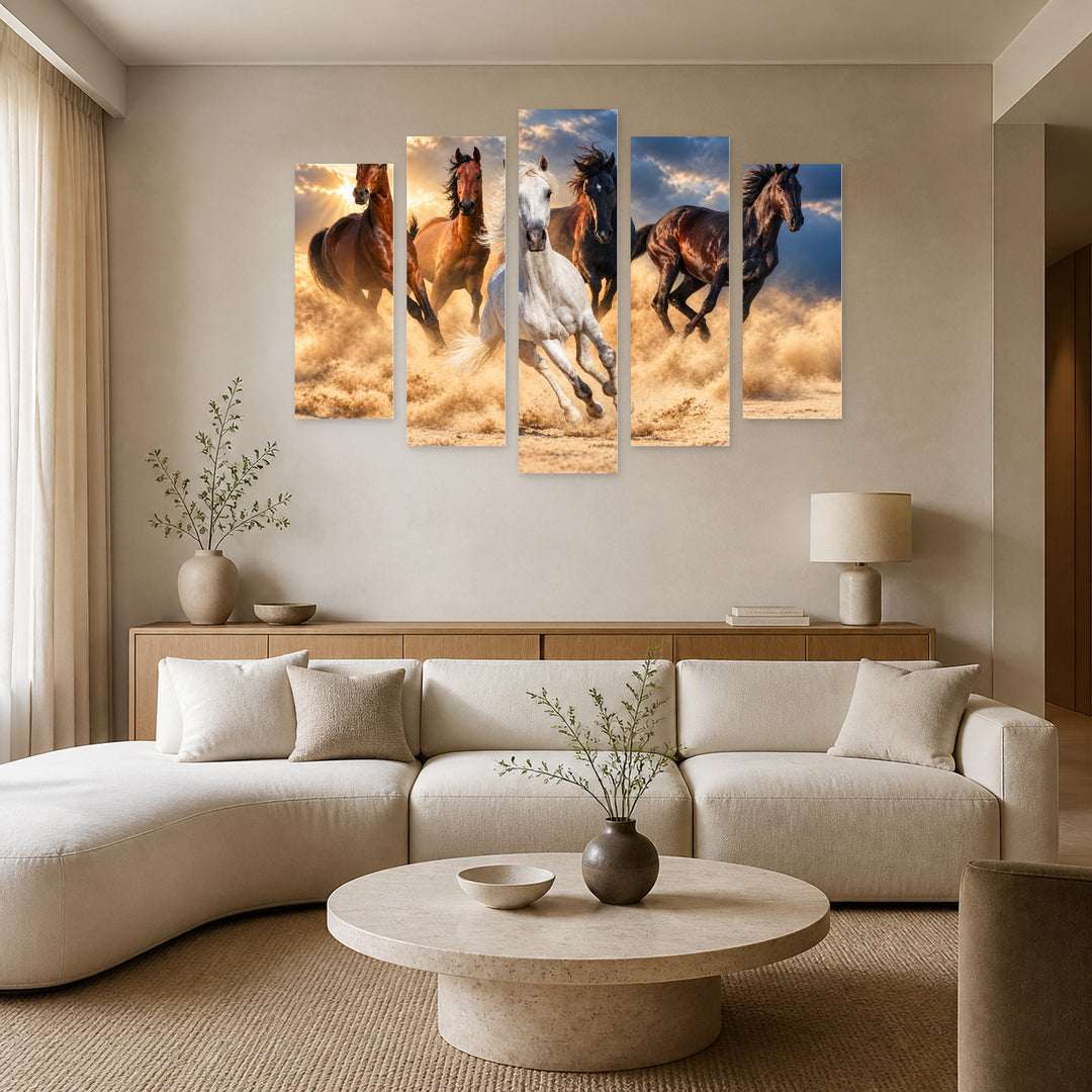 Galloping Horses in Vivid Color — five-panel wall art in frontal interior | 5wallart 58059 M3
